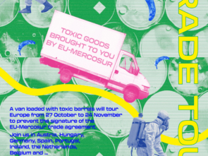A pink van drives down a yellow road over a background of stacked barrels. There are two figures in hazmat suits