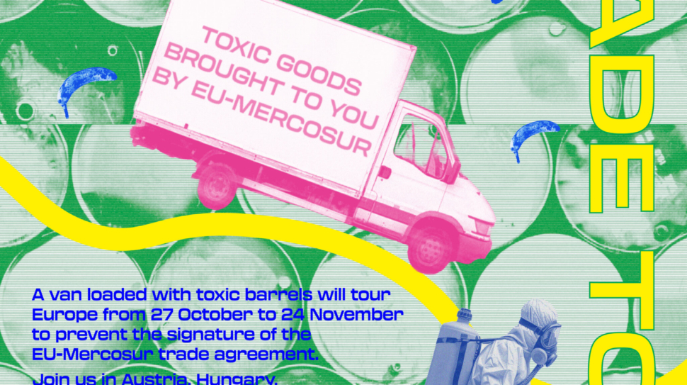 A pink van drives down a yellow road over a background of stacked barrels. There are two figures in hazmat suits