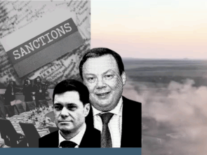 Montage image. In the centre are two faces of white men. Background on the left shows a conference room with chairs and microphones, while above is a blurred image of documents and the word 'Sanctions'. Background on the right shows a landscape with smoke from explosions.