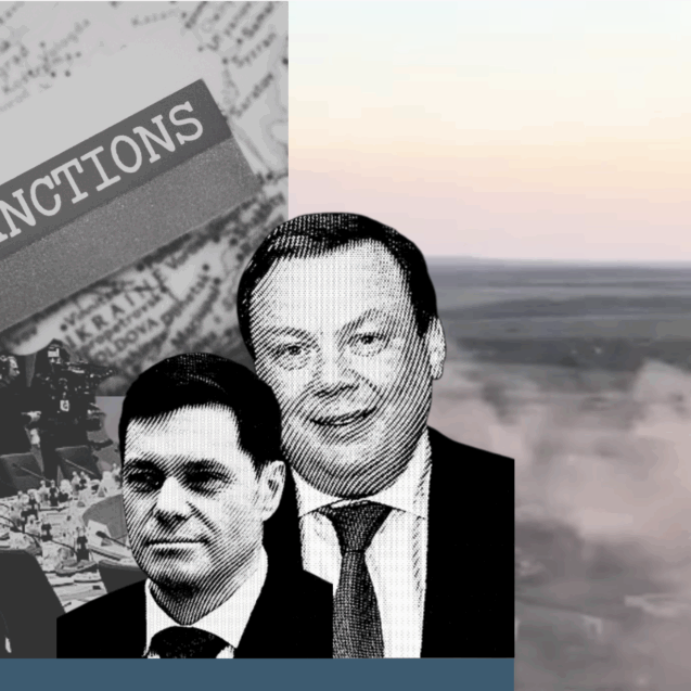 Montage image. In the centre are two faces of white men. Background on the left shows a conference room with chairs and microphones, while above is a blurred image of documents and the word 'Sanctions'. Background on the right shows a landscape with smoke from explosions.